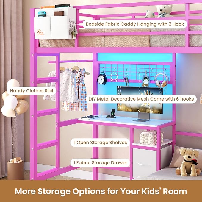 DICTAC Bunk Bed Twin Over Twin with Desk and Storage Metal L-Shaped Bunk Beds with Led Lights & Charging Station,Pink bunk Beds for Kids with Safety Guardrail and Ladder,Girls Bed,No Box Spring Needed