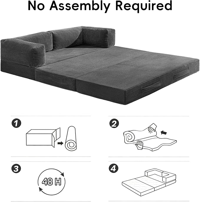 5-in-1 Convertible Sofa Bed, 60" Boneless Loveseat Couch Tri Folding Mattress with Removable L-Shaped Armrests, Corduroy Futon Couch Sleeper with Pull Out Bed for Living Room Bedroom Apartment, Grey