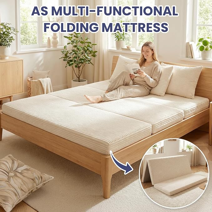 Convertible Sofa Bed Couch, 78’’ Oversized 4-in-1 Boneless Couches with Removable Armrests Backrest, Corduroy Futon Sofa Bed, Foldable Mattress Sleeper Sofa for Living Room Bedroom (Beige)