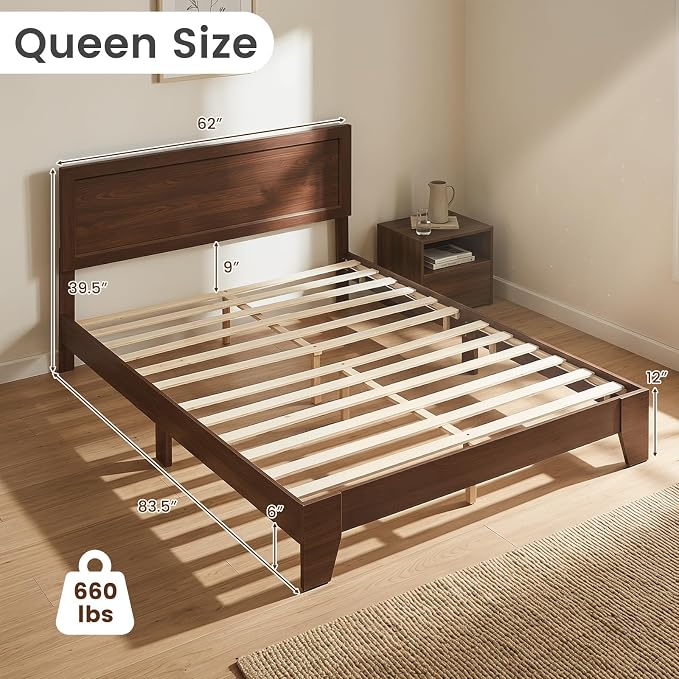 KOMFOTT Queen Size Bed Frame, Mid-Century Modern Platform Bed with Headboard, Wooden Slat Support Mattress Foundation, Under-Bed Storage Space, No Box Spring Needed (Walnut,Queen)