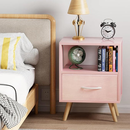 Aenuert Night Stand, Pink Kids Nightstand with Drawer, Nursery Side Table with Open Storage, 2-Tier Modern End Table, Bedside Table for Small Space, Living Room, Bedroom