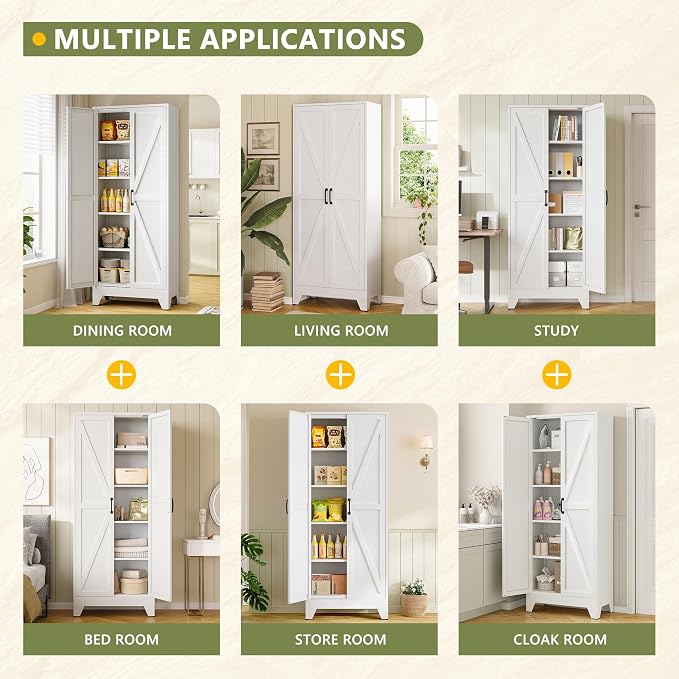 RAVIGIN Farmhouse Storage Cabinet,72" H Metal Pantry Cabinet with Barn Doors and Adjustable Shelves,72" H 6-Tier Rustic Pantry Organizers for Kitchen,Dining Room,White