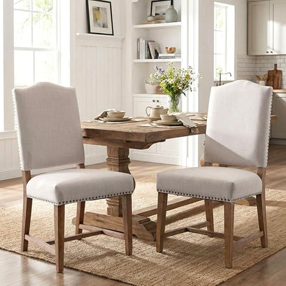 ROCITY Linen Dining Chairs Set of 2 Beige Upholstered Dining Room Chairs Farmhouse Kitchen Side Chairs with Wooden Legs&Nailhead Trim