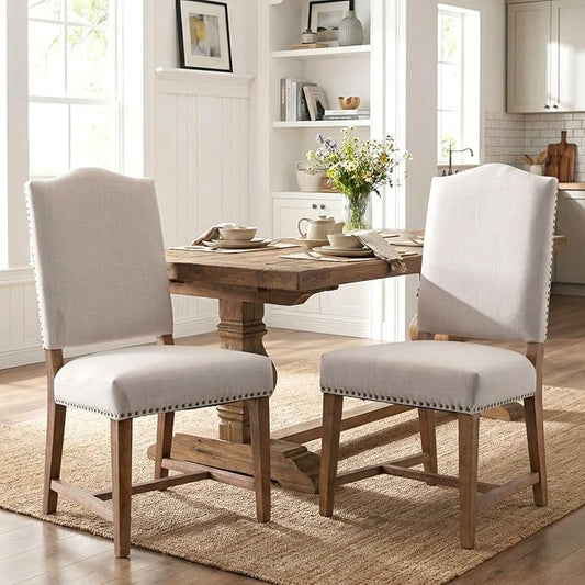 ROCITY Linen Dining Chairs Set of 2 Beige Upholstered Dining Room Chairs Farmhouse Kitchen Side Chairs with Wooden Legs&Nailhead Trim
