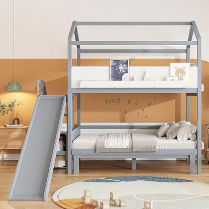 Harper & Bright Designs Twin Over Full House Bunk Bed with Trundle and Slide, Metal Bunk Bed with Bookshelf and Stairs for Kids Teens Adults, Space Saving, No Box Spring Needed, Gray+White
