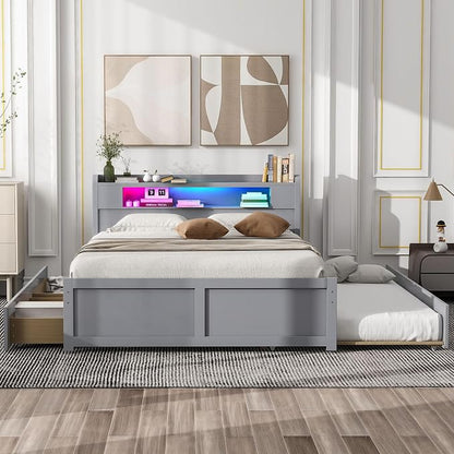 GDFStudio Queen Size Storage Bed with LED Headboard, 2 Drawers and Twin Trundle, Modern Wooden Platform Bed Frame for Bedroom Organization, No Box Spring Needed, Easy Assembly, Gray