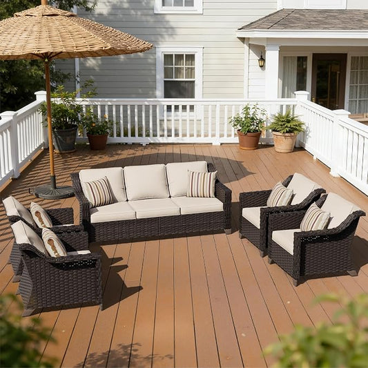 5 Pieces Patio Conversation Furniture Set - 1 Sofa, 4 Armchairs, Outdoor Wicker Furniture with Removable Cushions for Porch, Balcony, Sunroom (Beige)