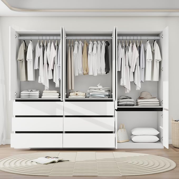 Armoire Wardrobe Closet with Drawers：75" Large White Wardrobe Closet Cabinet with 6 Doors for Hanging Clothes, Modern Wooden Bedroom Armoires with 6 Drawers and Storage (B+C+B, 94.5")