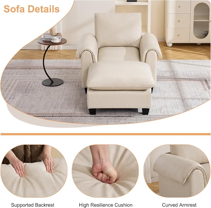44.5" Faux Leather Single Sofa with Movable Ottoman, Oversized Accent Chair with Curved Armrests, Cloud Modern Sofa Upholstered Reading Lounge Armchair for Living Room, Bedroom，Beige