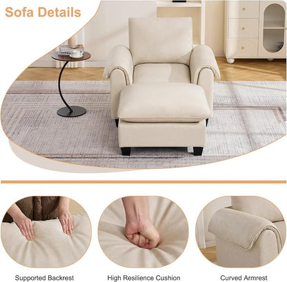 44.5" Faux Leather Single Sofa with Movable Ottoman, Oversized Accent Chair with Curved Armrests, Cloud Modern Sofa Upholstered Reading Lounge Armchair for Living Room, Bedroom，Beige
