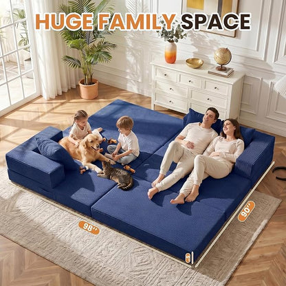79" Modular Sectional Sofa, Boneless Convertible Sleeper Sofa Bed, Modern Tri-Folding Cloud Couch with L-Shape Chaise, Corduroy Futon for Living Room Small Spaces Apartment, No Assembly,Blue