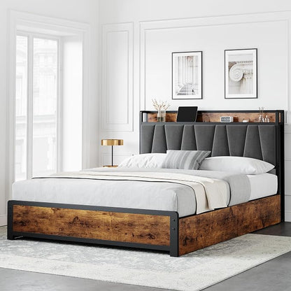 GarveeHome Queen Size Bed Frame with Storage Linen Upholstered Headboard, 4 Drawers Platform Bed Frame with Charging Station, No Box Spring Needed, Easy Assembly, Rustic Brown