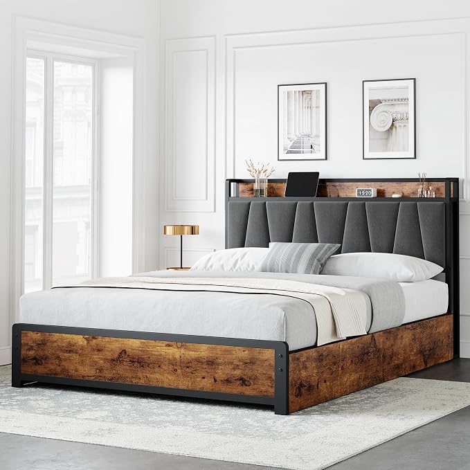 GarveeHome Full Size Bed Frame with Storage Linen Upholstered Headboard, 4 Drawers Platform Bed Frame with Charging Station, No Box Spring Needed, Easy Assembly, Rustic Brown