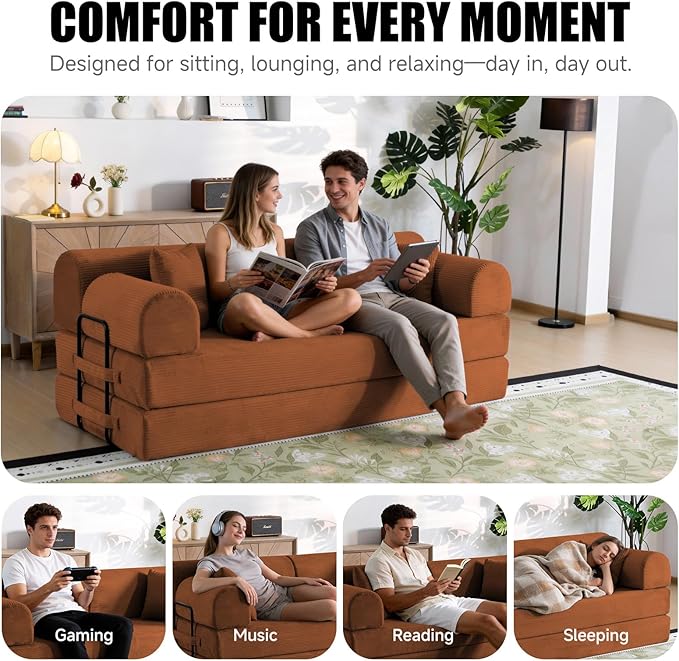 79" Corduroy Sofa Bed, Boneless Couch in a Box with 2 Pillows, High-Density Foam 4-in-1 Foldable Sleeper Futon Loveseat for Small Spaces, No Assembly, Side Pockets, Round Arm Orange