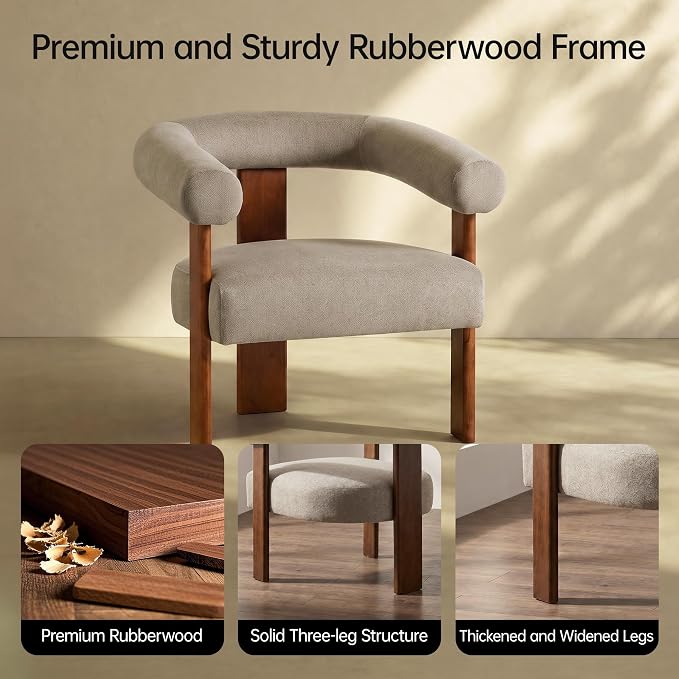 VKNOW Accent Chair, Vanity Chair with Armrests and Walnut Legs, Brown | Mohair-type Fabric, Barrel Back, Armrests, For Adults and Family, Living Room, Bedroom, Vanity, No Wobble, Easy Assembly