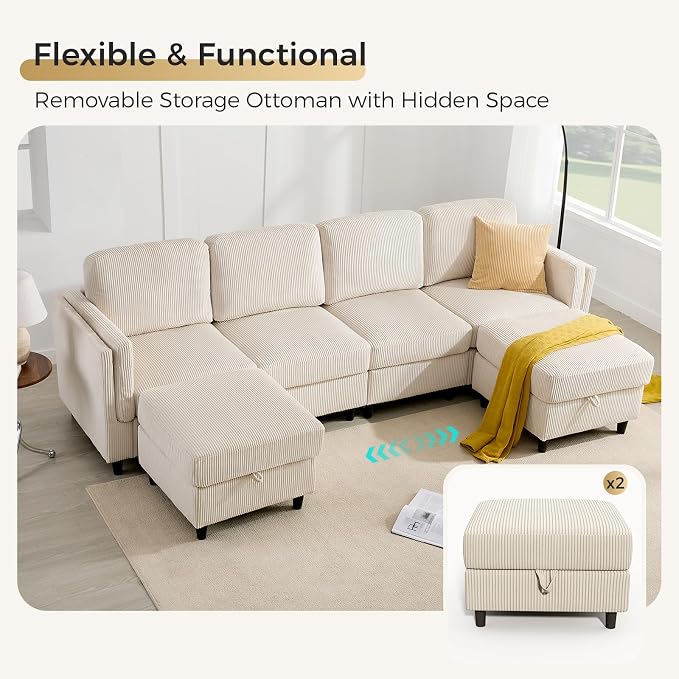 KKL Modular Sectional Sofa Bed with Storage Ottoman, Convertible L/U-Shaped Sleeper Couch for Living Room, Modern Reversible Design(Beige,6 Seater U Shape)