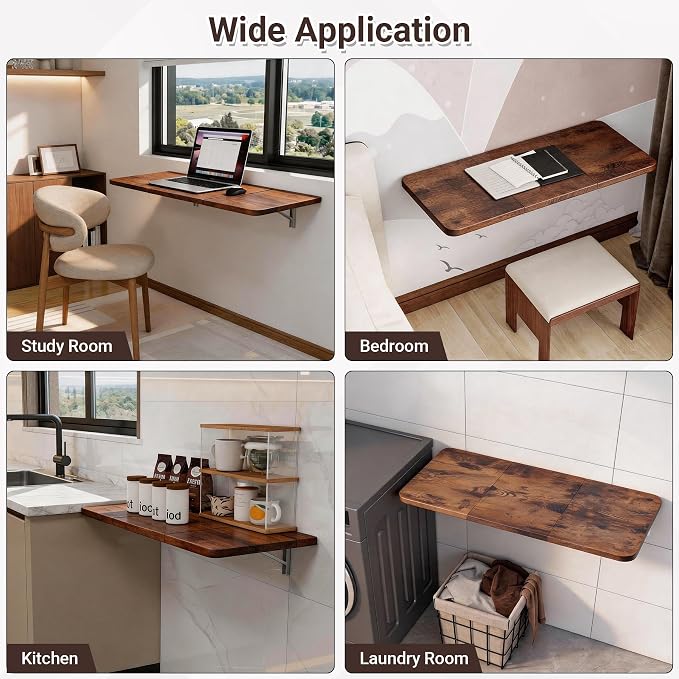 Neoaider Wall Mounted Folding Desk 35.4” x 15.7”, Brown | Drop Down Table with Metal Collapsible Brackets, Folding Wall Table for Small Spaces, Home, Office, Kitchen, Laundry Room