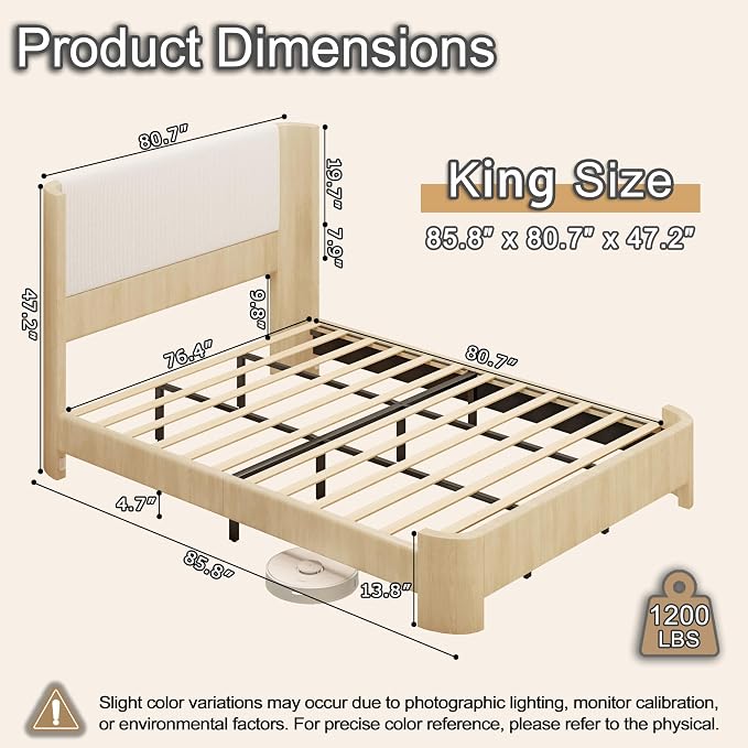 King Size Upholstered Platform Bed Frame with Wingback Headboard, Motion-Sensing LED Lights, Sturdy Slats, Mattress-Lock Footboard, PU Leather,No Box Spring Needed, Easy Assembly, Whitewashed Oak