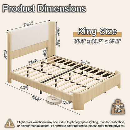 King Size Upholstered Platform Bed Frame with Wingback Headboard, Motion-Sensing LED Lights, Sturdy Slats, Mattress-Lock Footboard, PU Leather,No Box Spring Needed, Easy Assembly, Whitewashed Oak