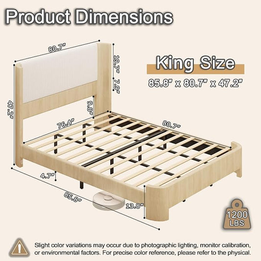 King Size Upholstered Platform Bed Frame with Wingback Headboard, Motion-Sensing LED Lights, Sturdy Slats, Mattress-Lock Footboard, PU Leather,No Box Spring Needed, Easy Assembly, Whitewashed Oak