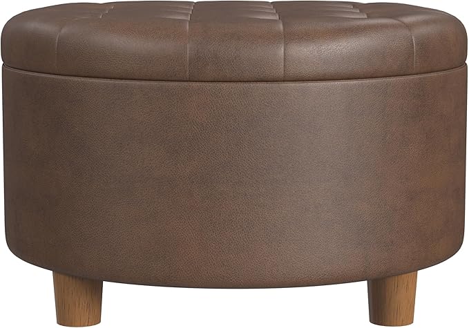HomePop 28" Button Round Storage Ottoman - Brown Faux Leather