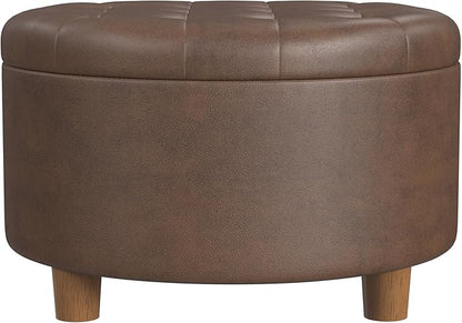 HomePop 28" Button Round Storage Ottoman - Brown Faux Leather