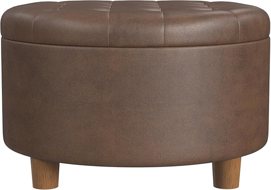 HomePop 28" Button Round Storage Ottoman - Brown Faux Leather