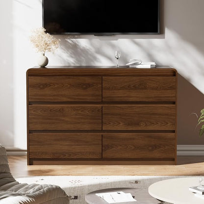 Oransail 6 Drawer Dresser, 47" Wide Walnut Dresser Chest of Drawers, Curved Anti-Collision & Anti-Tipping Design, Mid Century Modern Wooden Dresser for Bedroom, Living Room, TV Stand