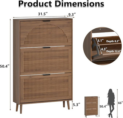 BORNOON Shoe Cabinet for Entryway with 3 Flip Drawers, Slim Wooden Shoe Storage Organizer with Modern Fluted Pannel，Freestanding Narrow Hidden Shoe Rack for Hallway, Foyer, Living Room