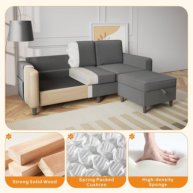 Sectional Sofa Couches for Living Room, 78'' Dark Grey 3 Seater L-Shaped Couch with Storage Ottoman, Comfy Fabric Convertible Sectionals Sofas with Chaise for Apartment, Office, Small Space