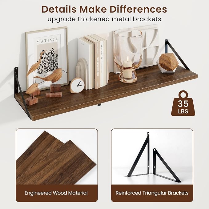 Axeman Deep Floating Shelves | 36 Inch Walnut Wall Shelves Set of 2 | 10 Inch Deep Wood Floating Shelves for Wall | 36" W x 10" D Walnut Shelves for Living Room Bathroom Kitchen
