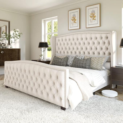 AMERLIFE California King Size Platform Bed Frame, Velvet Upholstered Bed with Deep Button Tufted & Nailhead Trim Wingback Headboard/No Box Spring Needed, Cream