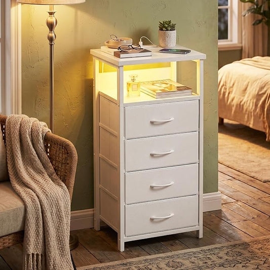 Fixwal Tall Nightstand with Charging Station, Night Stand with U-S-B Ports and Outlets, 4 Fabric Storage Drawers with PU Finish, Small Dresser Bed Side Table, White