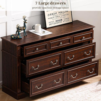 Farmhouse Dresser and Nightstand Sets, 6-Drawer with 7 Drawer Dresser Sets, 2 Pieces Rustic Wood Bedroom Furniture Set for Home, Bedroom, Hallway(Dark Brown)