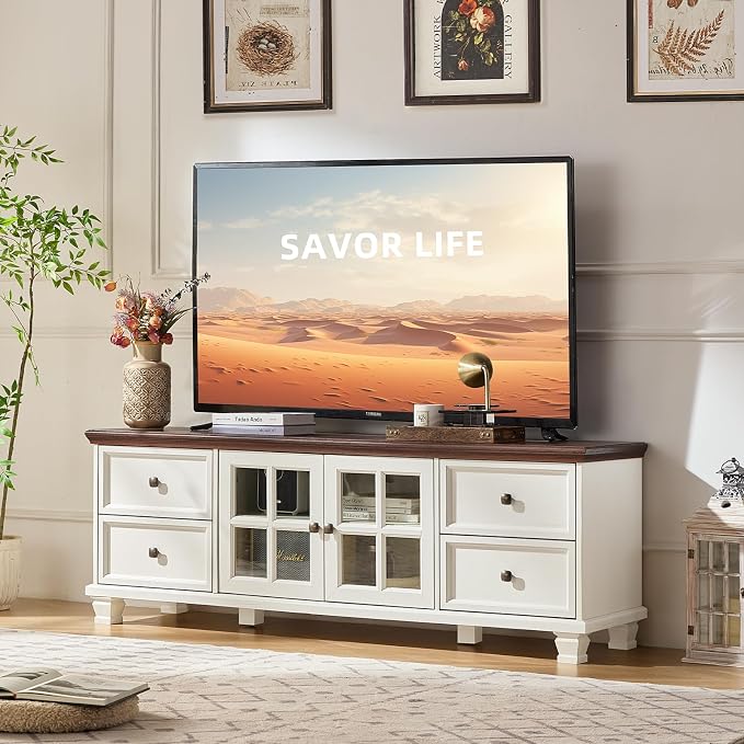 SAVOR LIFE TV Stands for Living Room, Farmhouse Entertainment Center, Rustic Wood TV Stand with Drawers for 75 Inch TV, White