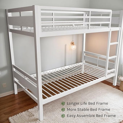 Bunk Bed Twin Over Twin, Heavy Duty Metal Bunkbeds with Ladder and Full-Length Guardrail, Space-Saving Steel Bed for Kids & Adults, No Box Spring Required, White