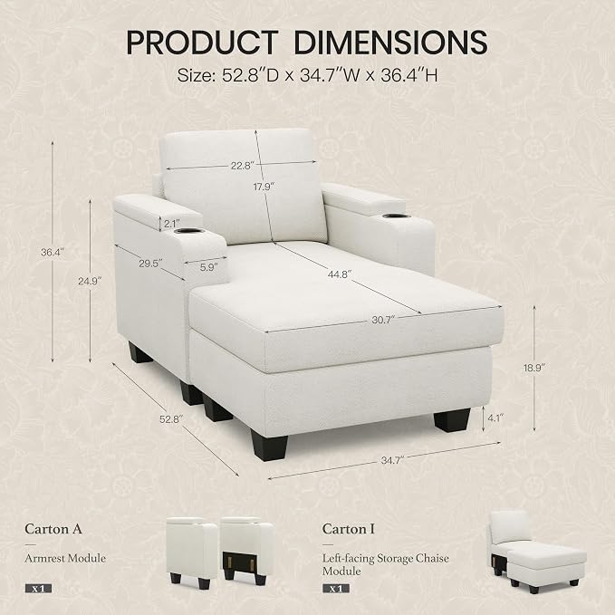 Belffin 52.8" Deep Storage Chaise Lounge with Cup Holder for Apartment Couch Beige