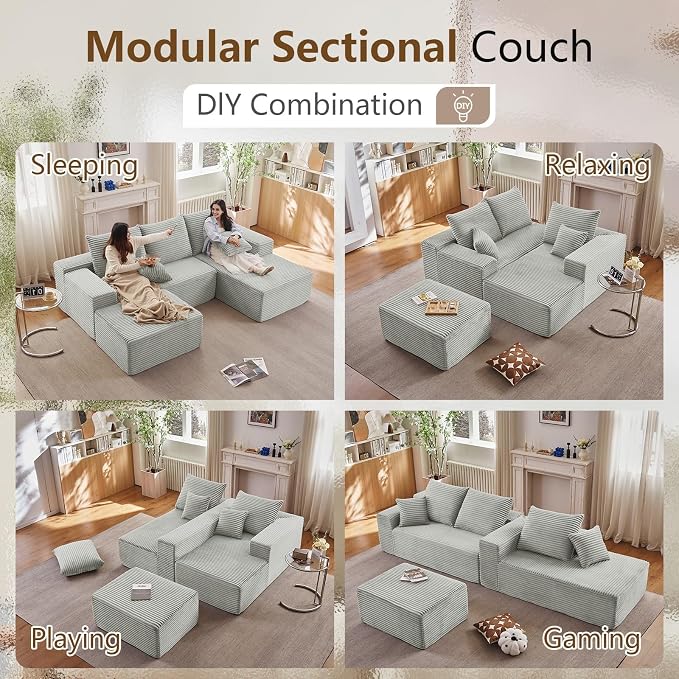 107" Comfy U-Shaped Sectional Modern Boneless Corduroy Couch with Chaise - No Assembly Required! Deep-Seat, Upholstered Modular Cloud Sofa for Living Room, Plush Corduroy Fabric Grey