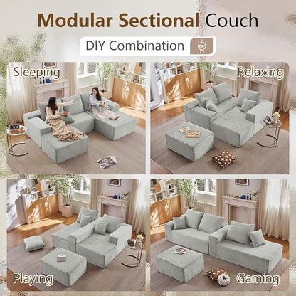 107" Comfy U-Shaped Sectional Modern Boneless Corduroy Couch with Chaise - No Assembly Required! Deep-Seat, Upholstered Modular Cloud Sofa for Living Room, Plush Corduroy Fabric Grey