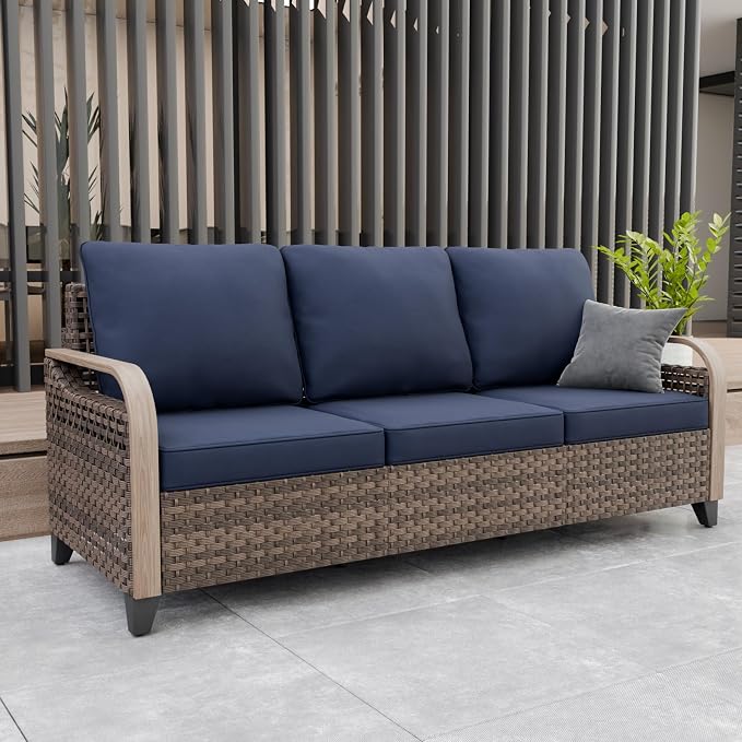 Modern Wicker Patio Sofa, Rattan Outdoor Couch for Small Balcony, 3 Seat Couch Furniture Set for Garden Deck Backyard, Brown/Blue