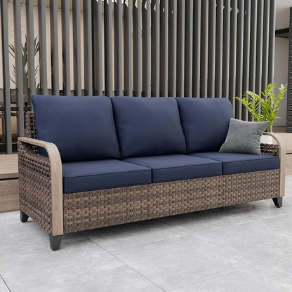 Modern Wicker Patio Sofa, Rattan Outdoor Couch for Small Balcony, 3 Seat Couch Furniture Set for Garden Deck Backyard, Brown/Blue