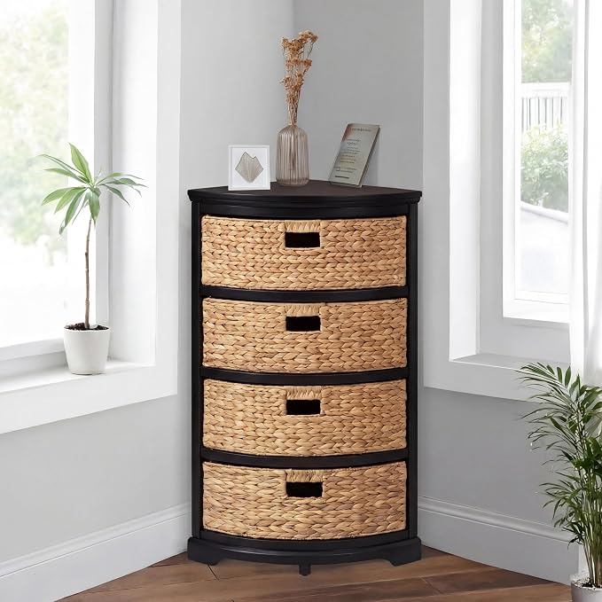 eHemco Hampton Meadows 4 Tier X-Side Corner Table Storage Cabinet with 4 Wicker Baskets, Black