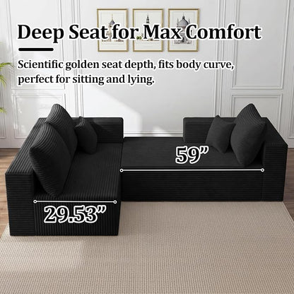 138" Modern Modular Sectional Sofa, U-Shaped Cloud Couch, Soft Corduroy Boneless Couch with 3060 High Rebound Memory Foam, Sectional Couches for Living Room-Black(Left Facing Chaise)