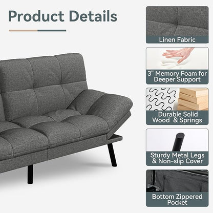 Futon Sofa Bed Convertible Couch, Grey Linen Sofa Bed with Memory Foam, Adjustable Backrest & Armrests, Multifunctional Small Loveseat Sleeper Sofa for Living Room, Apartment, Office