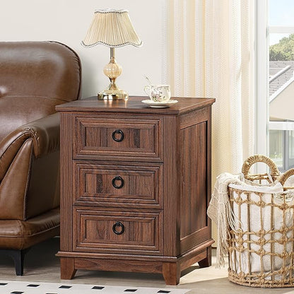 Joaxswe 18" Farmhouse Night Stand with 3 Drawers, Wood End Table Dresser for Bedroom, Retro Nightstand, Bed Side Table with Metal Handle, Bedside Cabinet for Bedroom Living Room, Closet