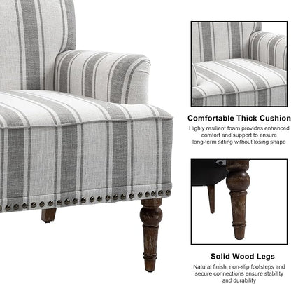 Accent Chair, Mid Century Modern Comfy Armchair for Living Room, Linen Fabric Single Sofa Lounge for Reading Bedroom Apartment Waiting Room with Wood Legs (Grey Stripe, Set of 2)