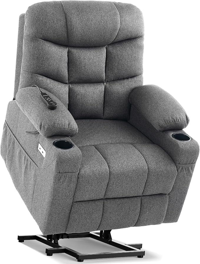 Tami Tami Dual Motor Power Lift Chair Recliner for Elderly with Massage and Heat, Infinite Position Electric Lift Recliner with USB A&C, Cup Holders (T6012 - Linen Fabric, Gray, Medium)