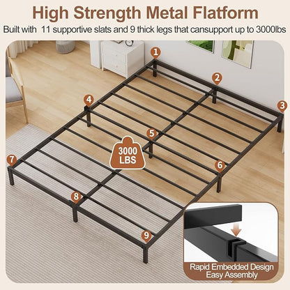 6 Inch Low Profile King Size Bed Frame, Noise-Free Heavy Duty Metal Platform with Mattress Stopper, No Box Spring Needed, Easy Assembly Steel Support, Black