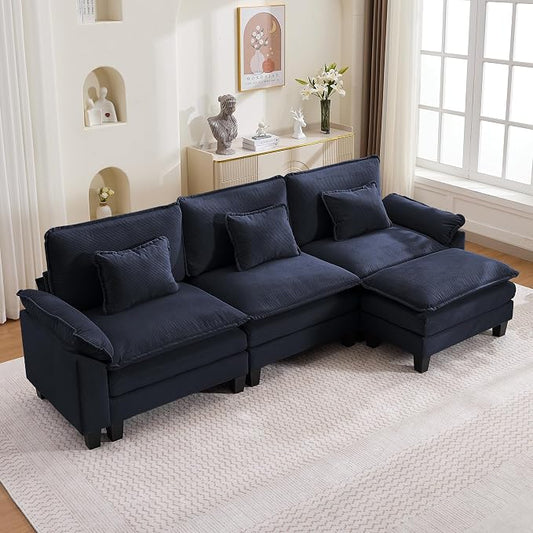 122" Corduroy Modular Sectional Sofa, Convertible L Shaped Modular Sofa Comfy Cloud Couch with Ottoman, Side Pockets and 3 Throw Pillows for Living Room, Blue, 4 Seats