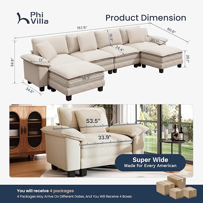 PHI VILLA Cloud Modular Couch Sets, 157.5" Oversized Sectional Sofa with U-Shaped Chaise, 6-Seater Couches with Movable Ottomans for Living Room, Chenille Beige